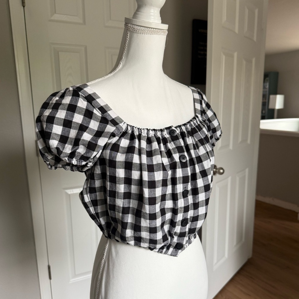 MADEWELL Size XS Linen-Blend Puff-Sleeve Button-Front Crop Top in Gingham Check